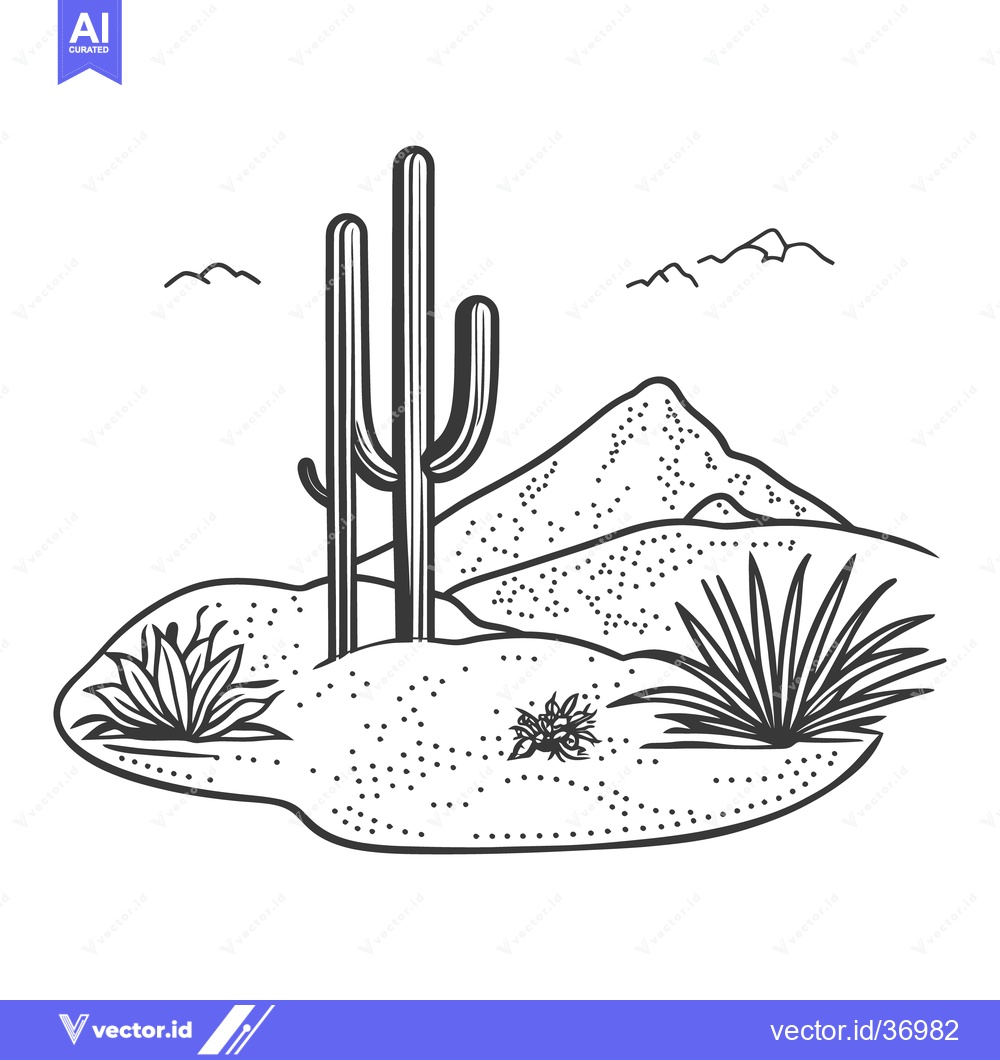 Premium Vector of A desert landscape showing cactus plants and mountains in the distance