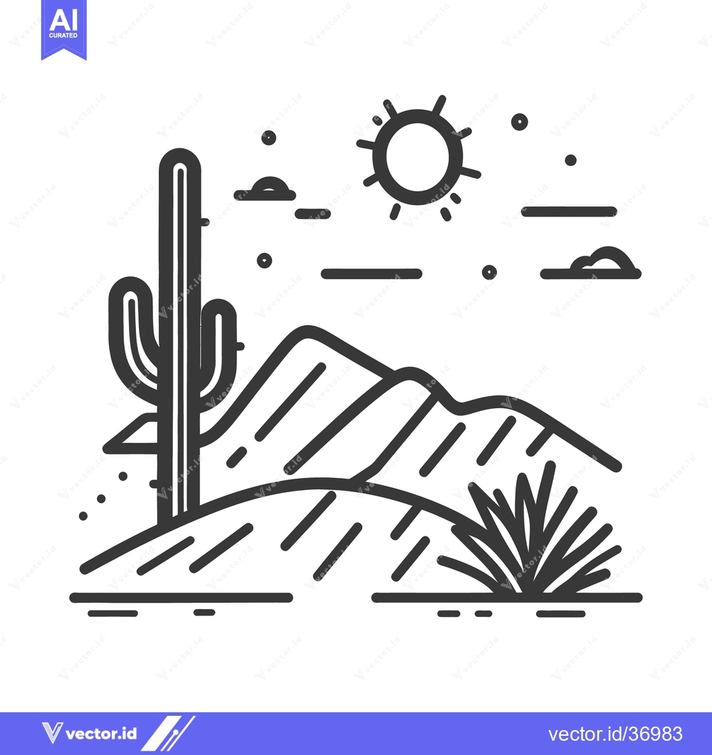 Premium Vector dari A desert landscape featuring a cactus and mountainous horizon with the