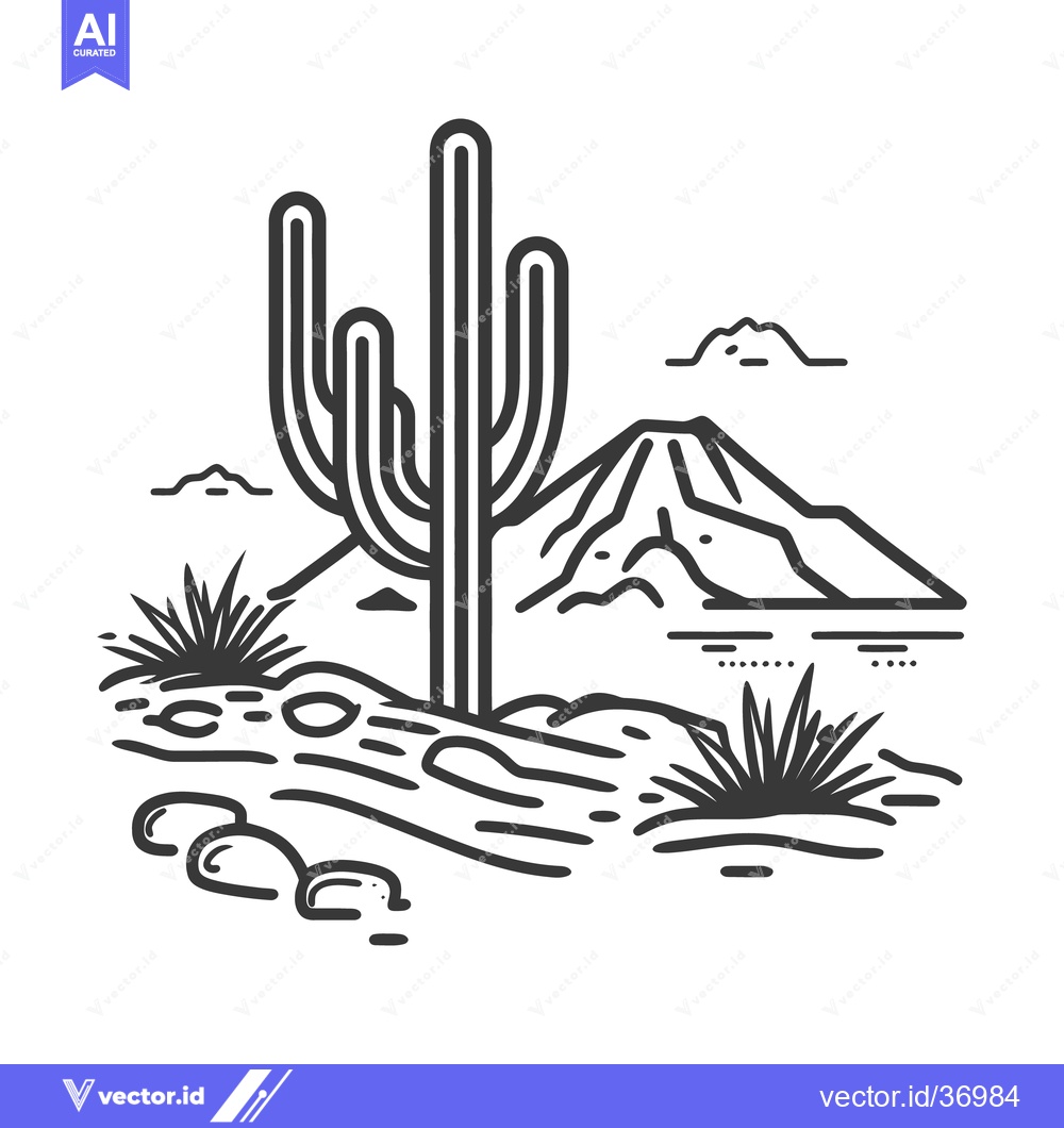 Premium Vector dari A black and white illustration depicting a desert landscape with flora