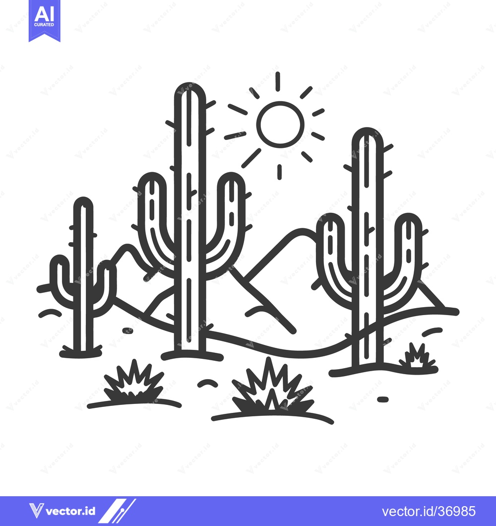 Premium Vector of Simple Line Drawing Depicting Desert Landscape With Cactus Plants