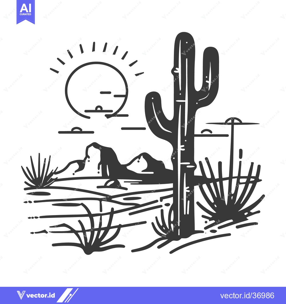 Premium Vector of A black and white illustration showing desert landscape and cactus pla