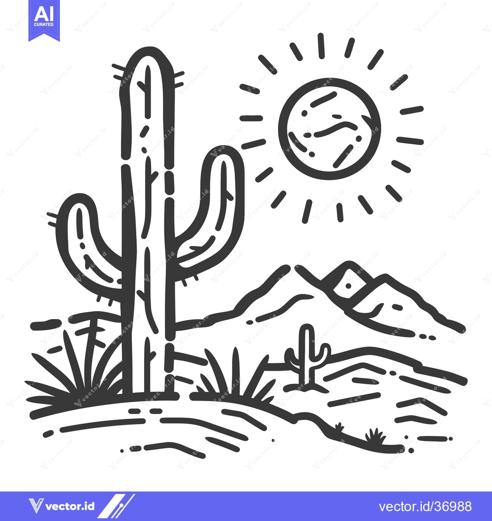 Premium Vector dari A black and white illustration depicting a desert landscape scene