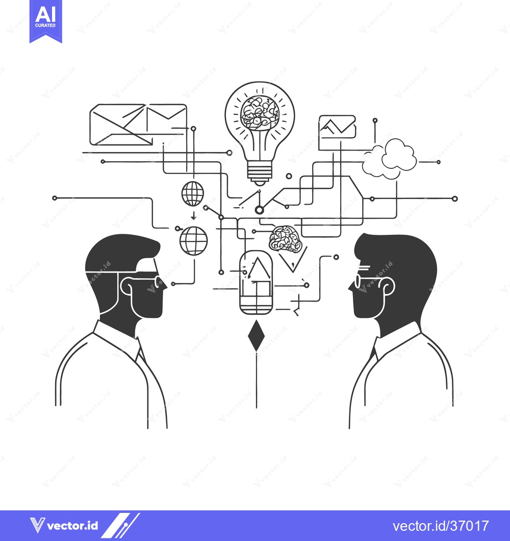 Premium Vector dari Two men exchange ideas through a network of connected concepts