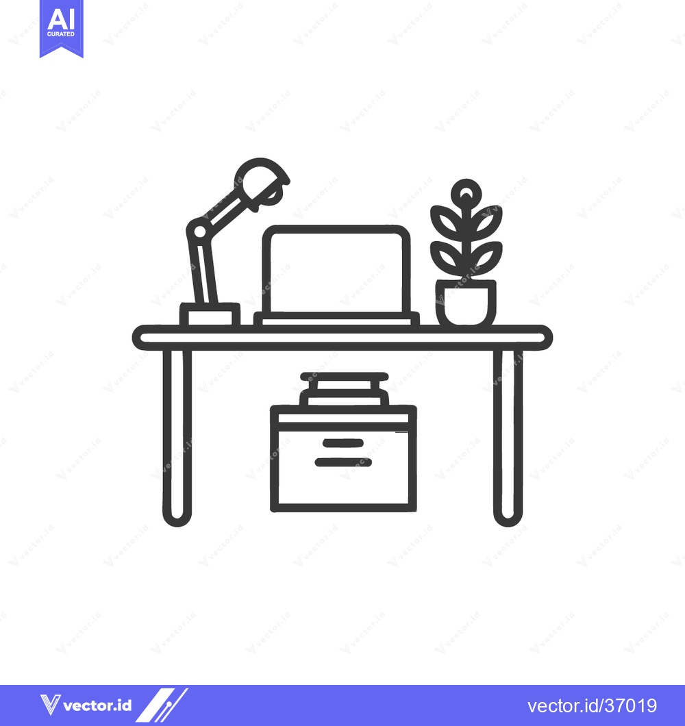 Premium Vector dari Minimalist Desk Setup: Laptop, Lamp, Plant, and Storage in Line Art St