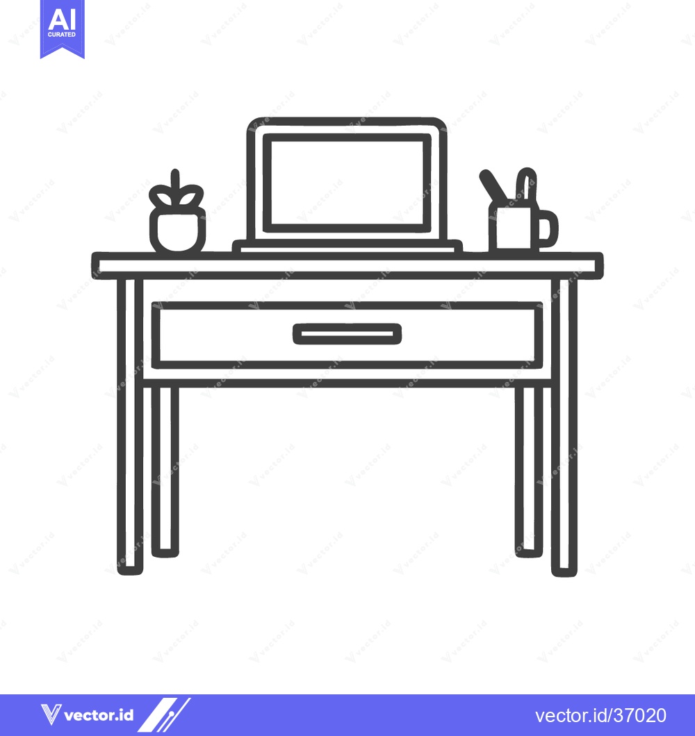 Premium Vector of Minimalist Desk Outline with Laptop, Plant, and Utensil Holder