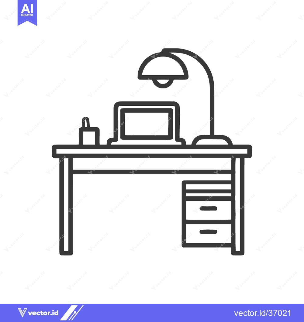 Premium Vector dari Minimalist Desk Line Art: Laptop, Lamp, and Drawers in Simple Outline
