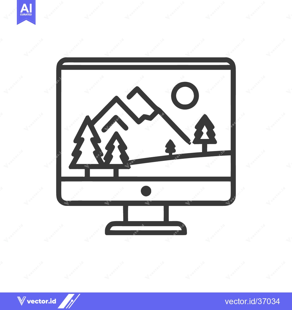 Premium Vector dari Minimalist Computer Displaying Mountain Landscape, Pine Trees, and Sun