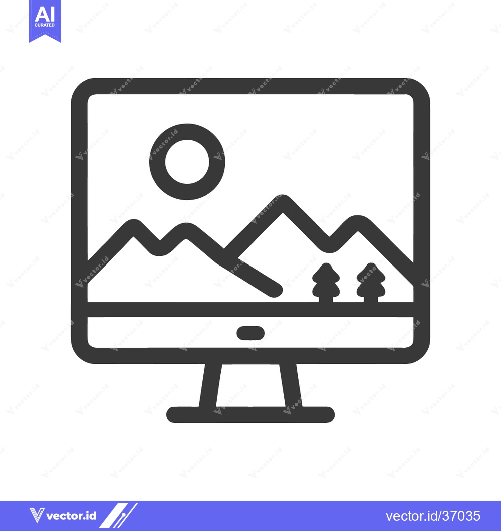 Premium Vector dari Minimalist Computer Icon Displaying Mountain Landscape with Sun and Tr