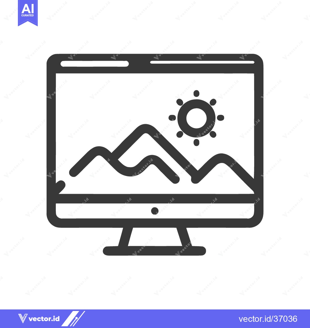 Premium Vector dari Minimalist Computer Displaying Mountain Landscape and Sun Icon