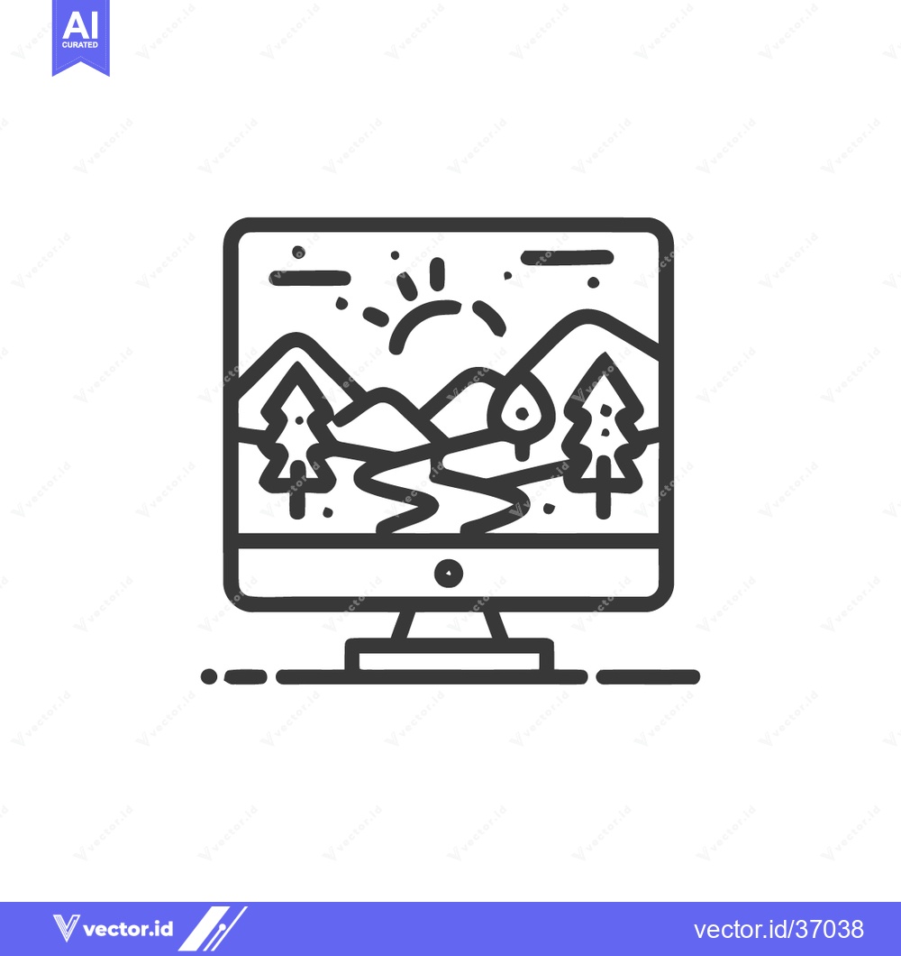 Premium Vector dari Computer Screen Displaying Mountain Landscape, Line Art Icon Style