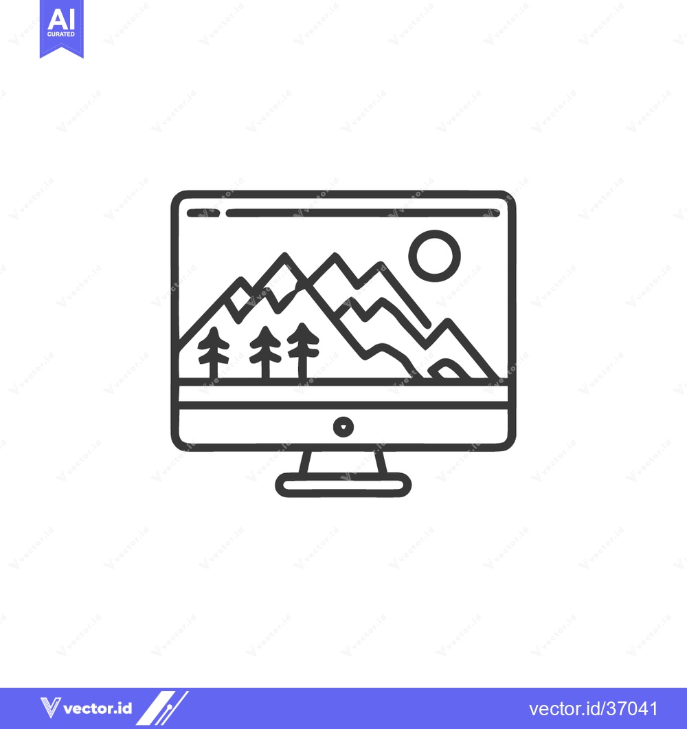 Premium Vector dari Minimalist Computer Displaying Mountain Landscape with Trees and Sun I