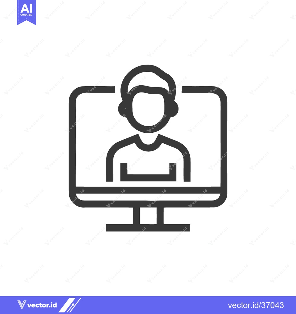 Premium Vector dari Online Meeting Icon: Person on Computer Screen, Minimalist Line Art
