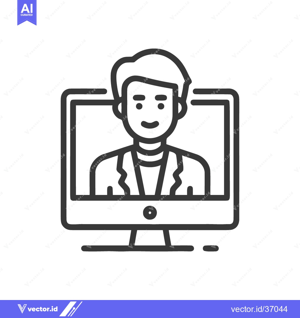 Premium Vector dari Online Meeting Icon: Man on Computer Screen, Outline Style