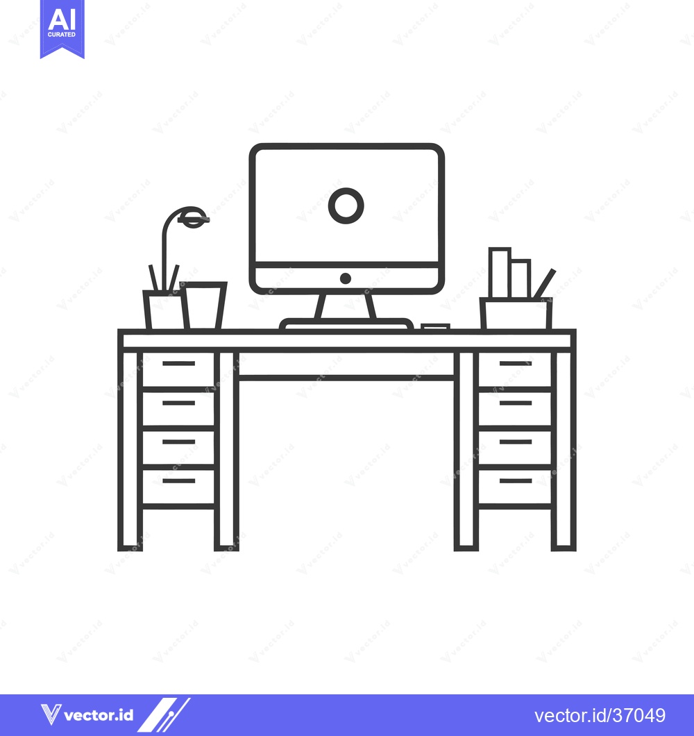 Premium Vector dari Desk with computer, lamp, and potted plants
