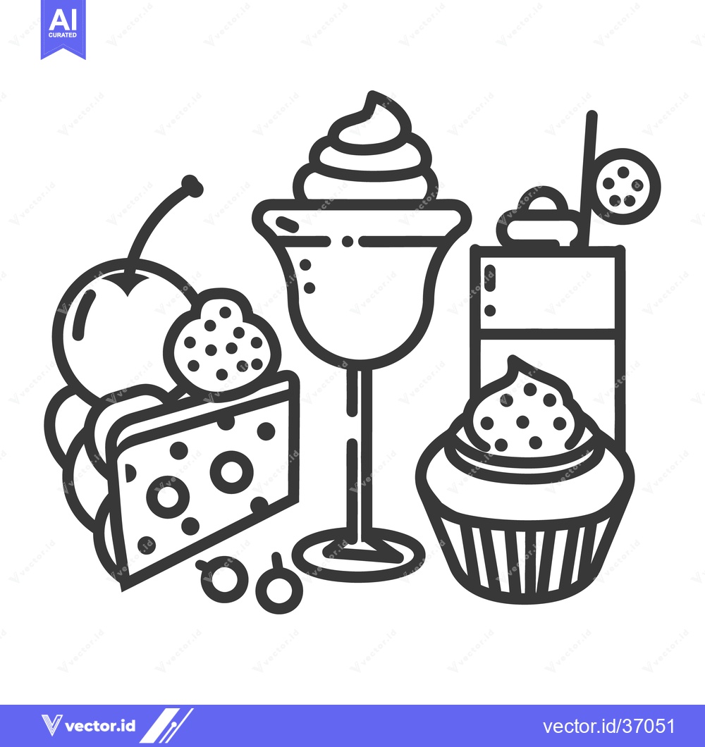 Premium Vector of Various desserts and fruits arranged in a black and white illustration