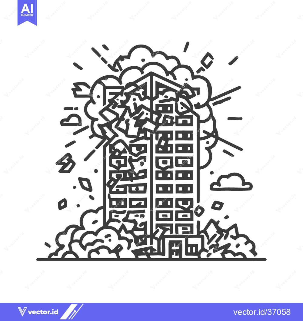 Premium Vector dari Demolition Line Art: Building Implosion with Dust and Debris