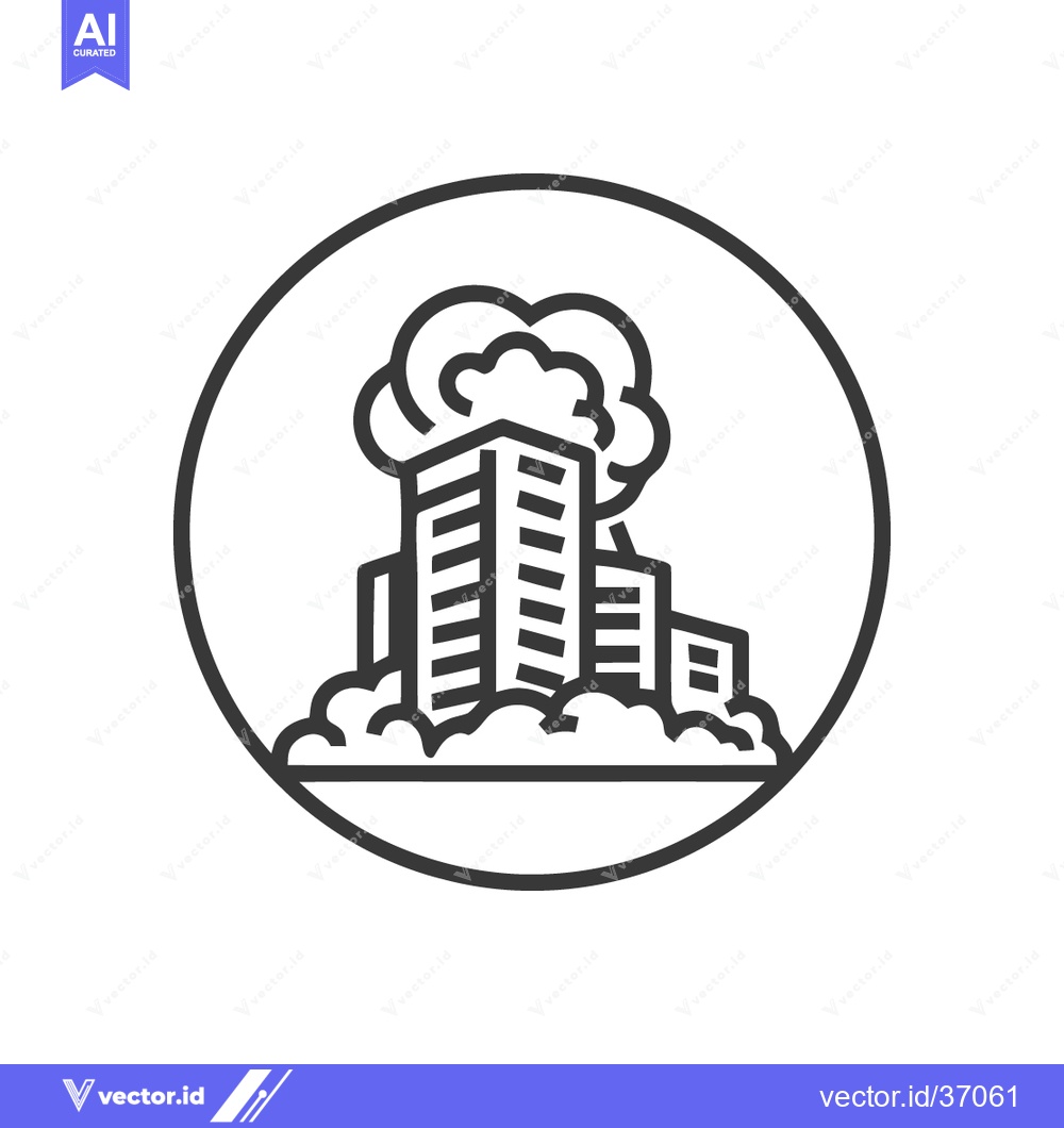 Premium Vector of Collapsing Buildings Icon: Black and White Line Art in Circle
