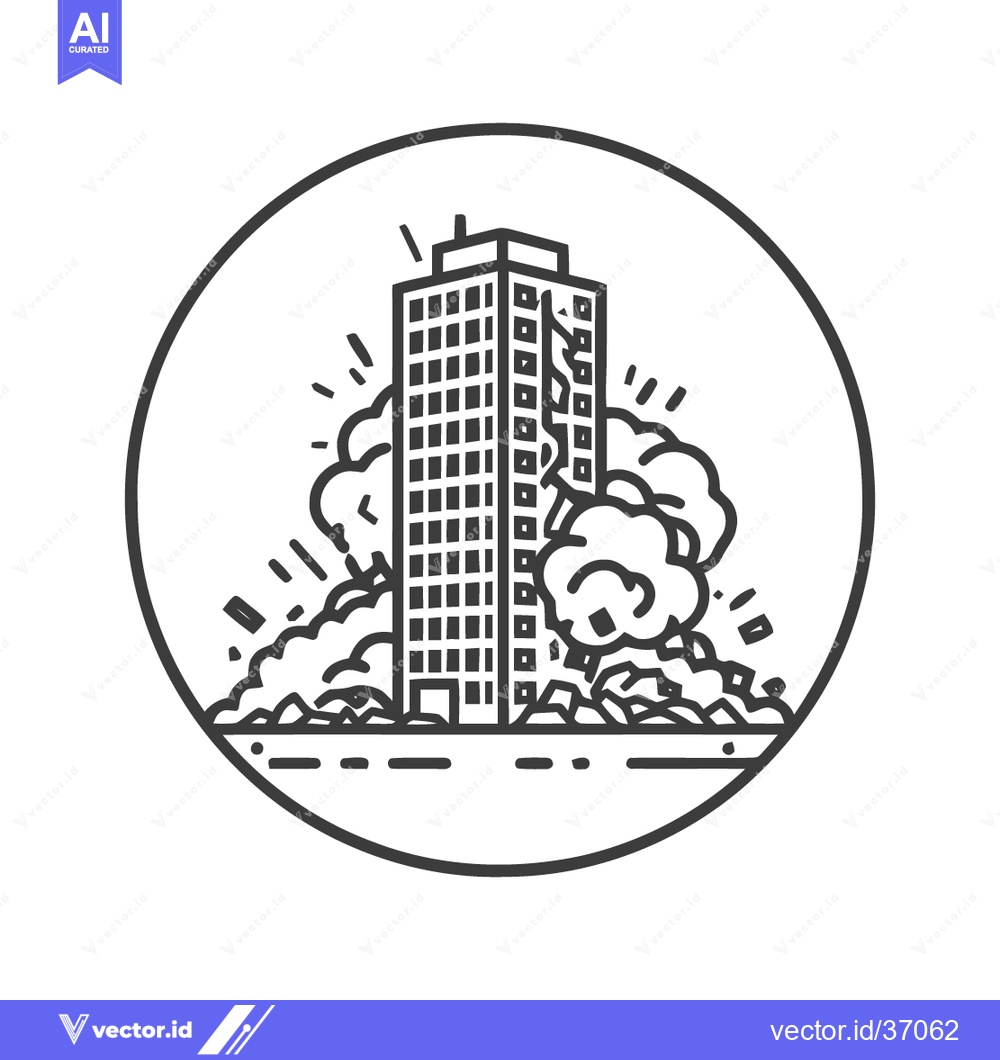 Premium Vector dari Demolition Icon: Skyscraper Destruction with Dust Cloud in Circular Fr