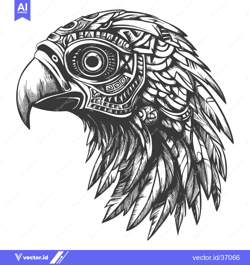 Premium Vector dari Detailed Black and White Drawing of a Bird's Head with Geometric Patte