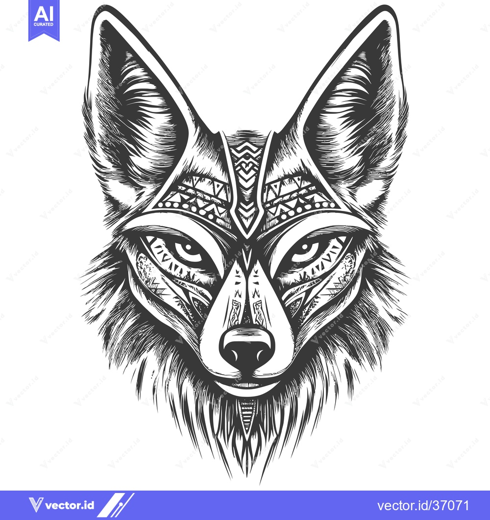 Premium Vector dari Detailed black and white drawing of a fox head with tribal markings