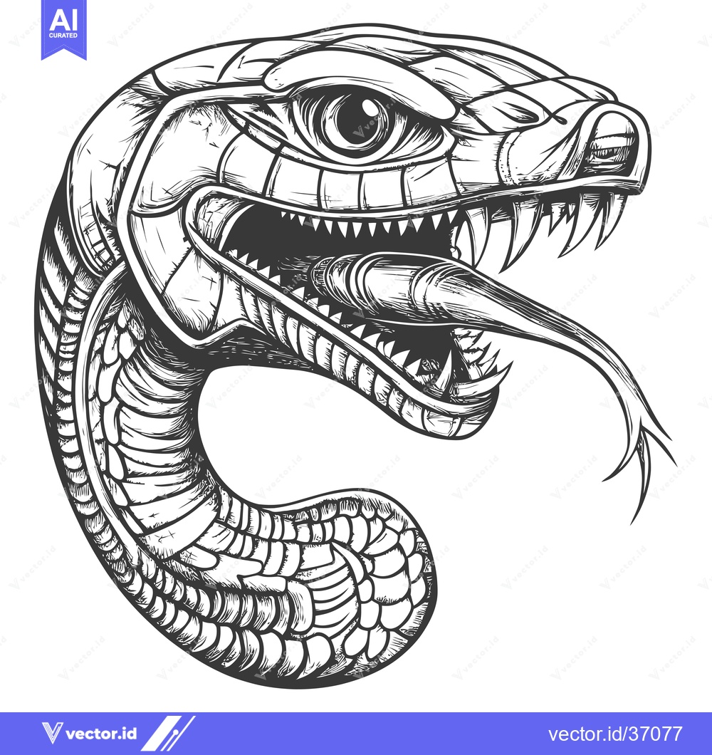 Premium Vector dari Detailed Black and White Hand Drawn Snake Head with Fangs and Tongue