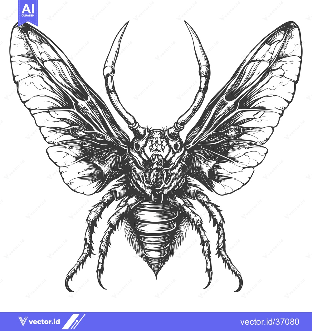Premium Vector dari Detailed Black and White Illustration of a Beetle with Large Wings