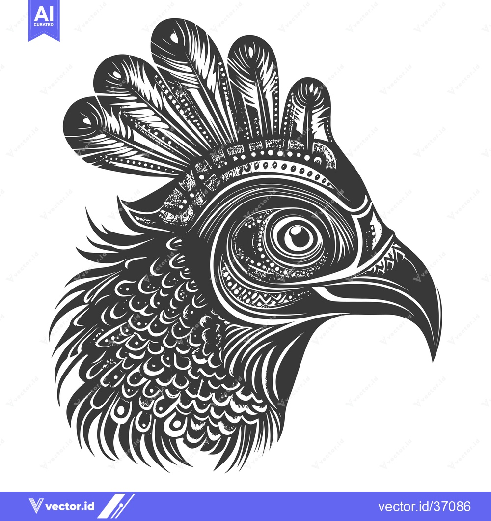 Premium Vector of Detailed Black and White Illustration of a Bird's Head with Feathers a