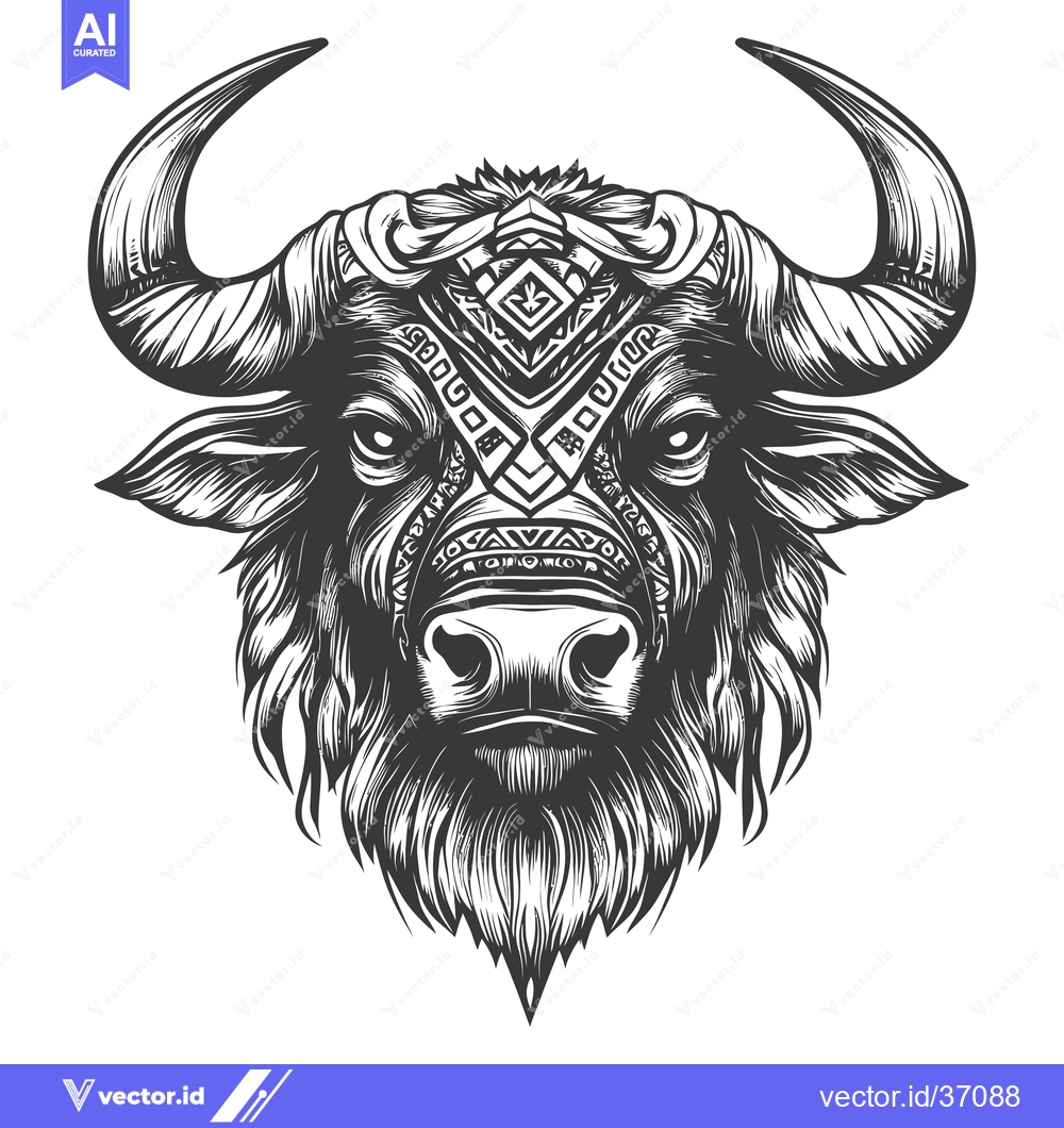 Premium Vector of Detailed Black and White Illustration of a Bull's Head with Geometric