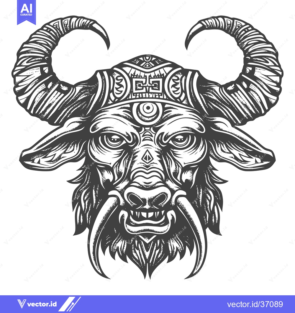 Premium Vector dari Detailed Black and White Illustration of a Bull's Head with Tribal Des