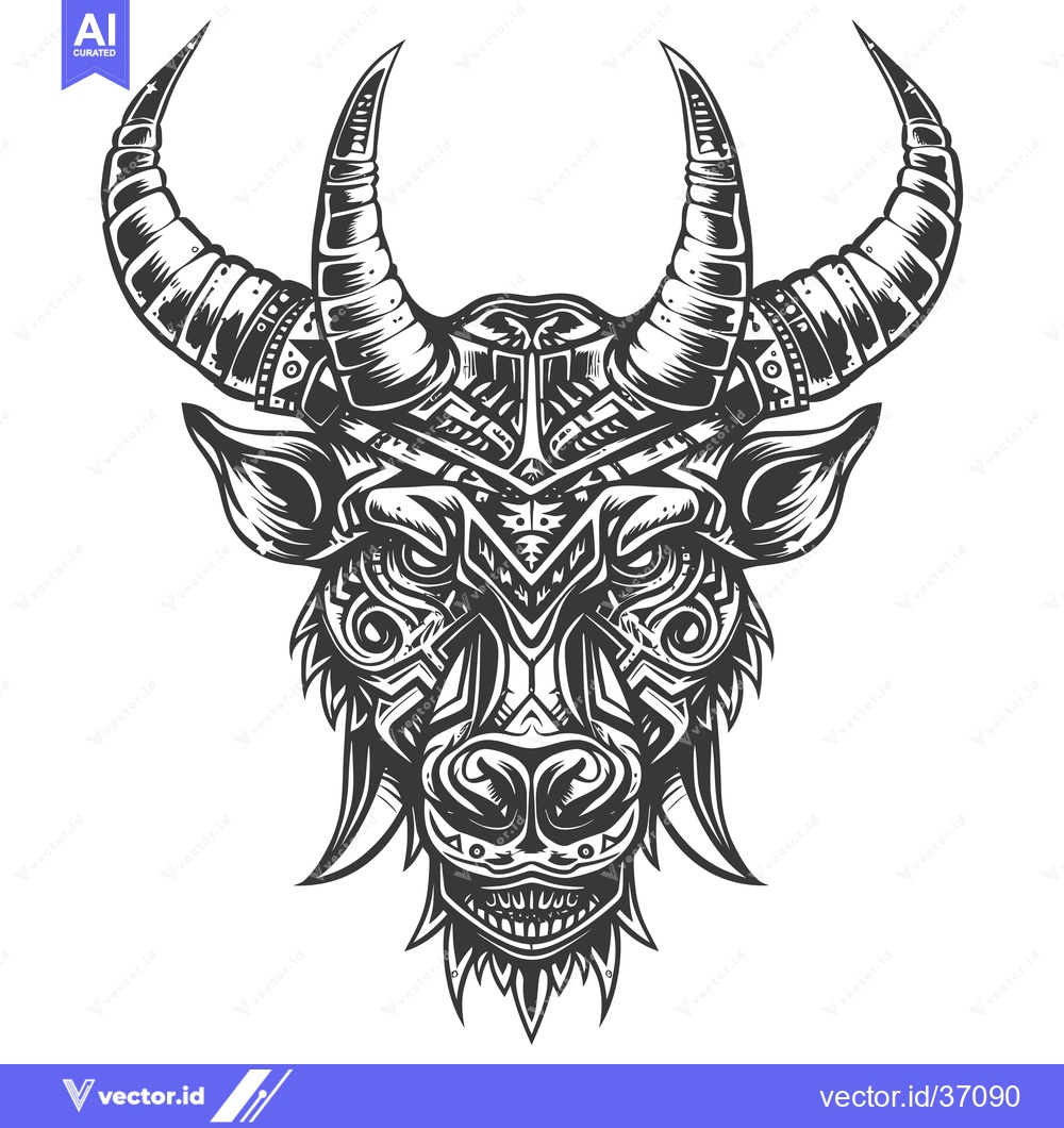 Premium Vector dari Detailed Black and White Illustration of a Bull Skull with Ornate Horn
