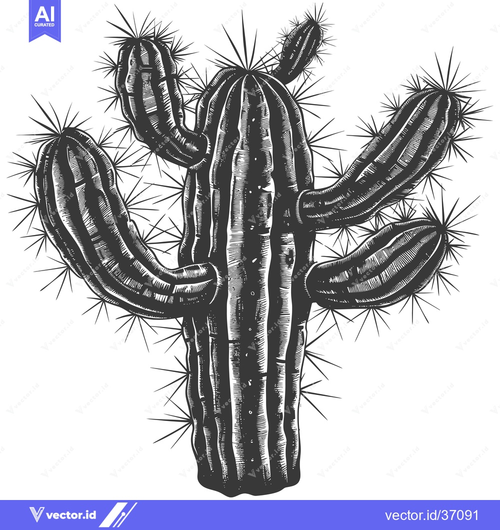 Premium Vector dari Detailed Black and White Illustration of a Cactus with Spines