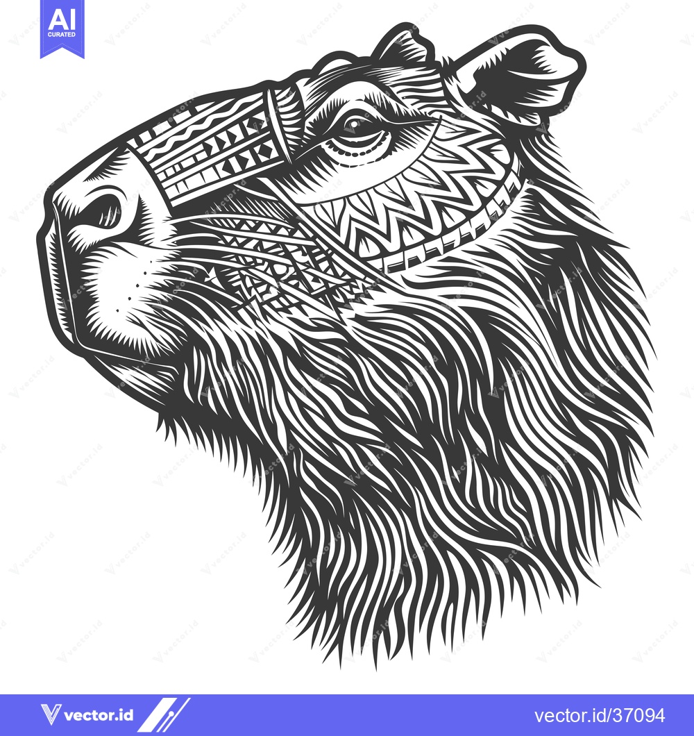 Premium Vector of Detailed Black and White Illustration of a Capybara Head with Tribal P