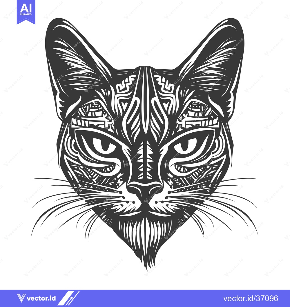 Premium Vector of Detailed Black and White Illustration of a Cat's Face with Intricate P