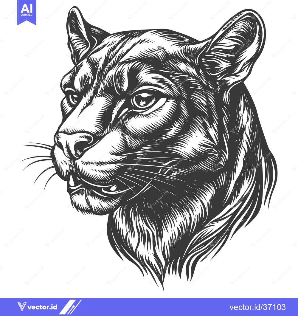 Premium Vector of Detailed Black and White Illustration of a Cougar's Head