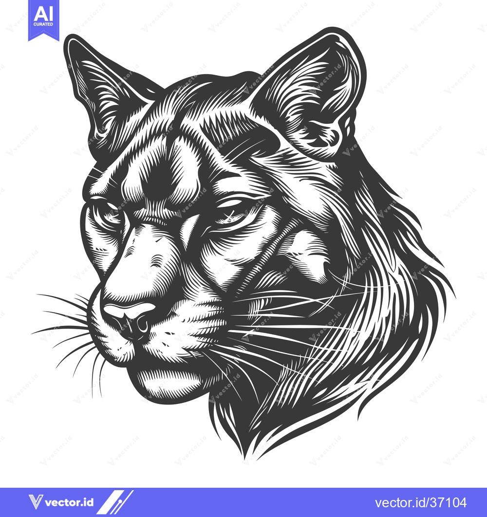 Premium Vector of Detailed Black and White Illustration of a Cougar's Head