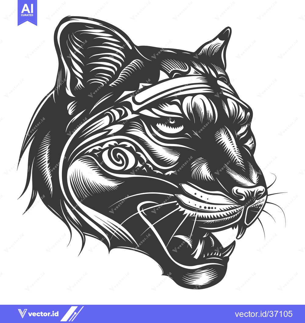 Premium Vector of Detailed Black and White Illustration of a Cougar's Head
