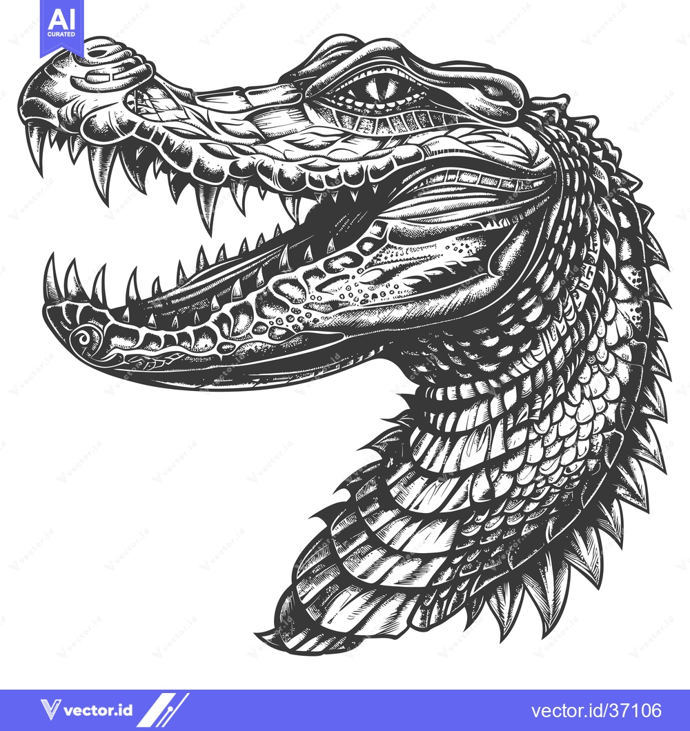 Premium Vector dari Detailed Black and White Illustration of a Crocodile's Head