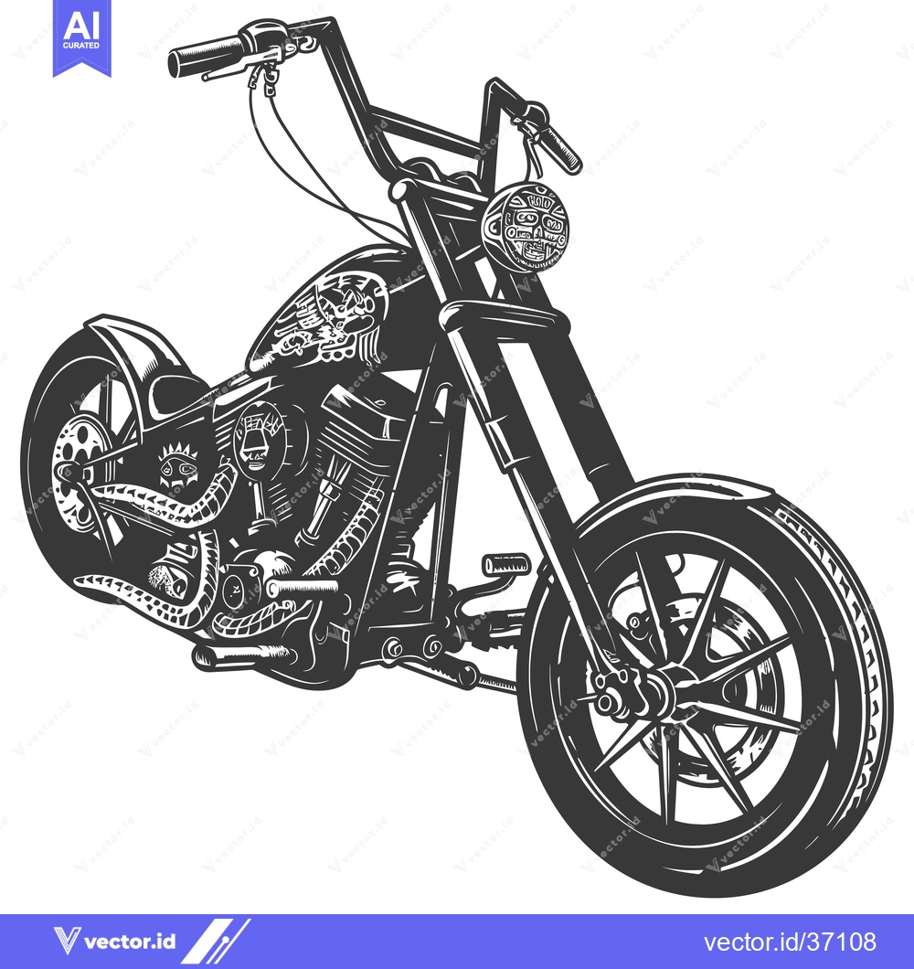 Premium Vector of Detailed Black and White Illustration of a Custom Chopper Motorcycle