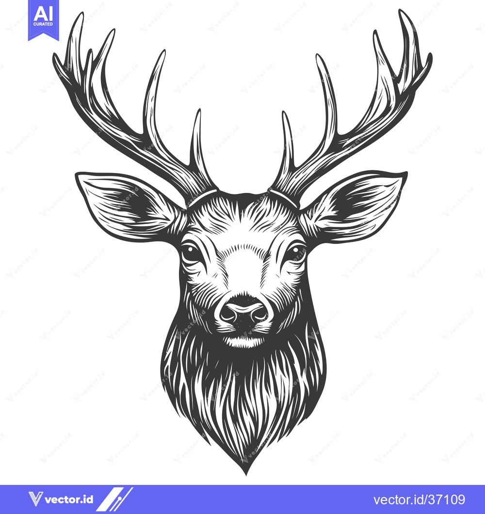 Premium Vector of Detailed Black and White Illustration of a Deer Head with Antlers
