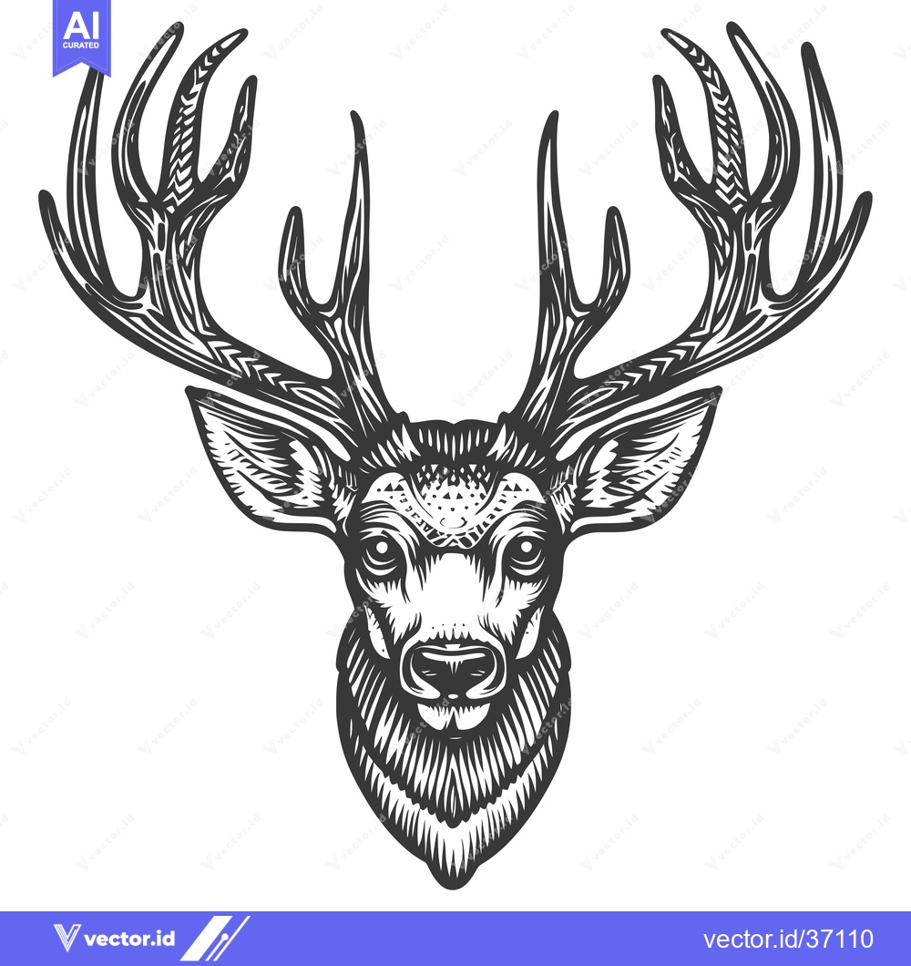 Premium Vector of Detailed black and white illustration of a deer head with large antler