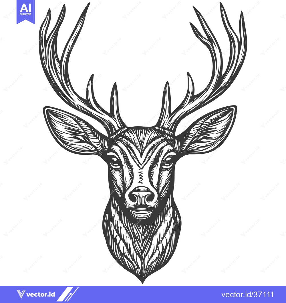 Premium Vector dari Detailed Black and White Illustration of a Deer's Head with Antlers
