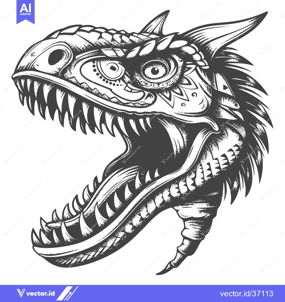Premium Vector of Detailed Black and White Illustration of a Dinosaur's Head with an Ope