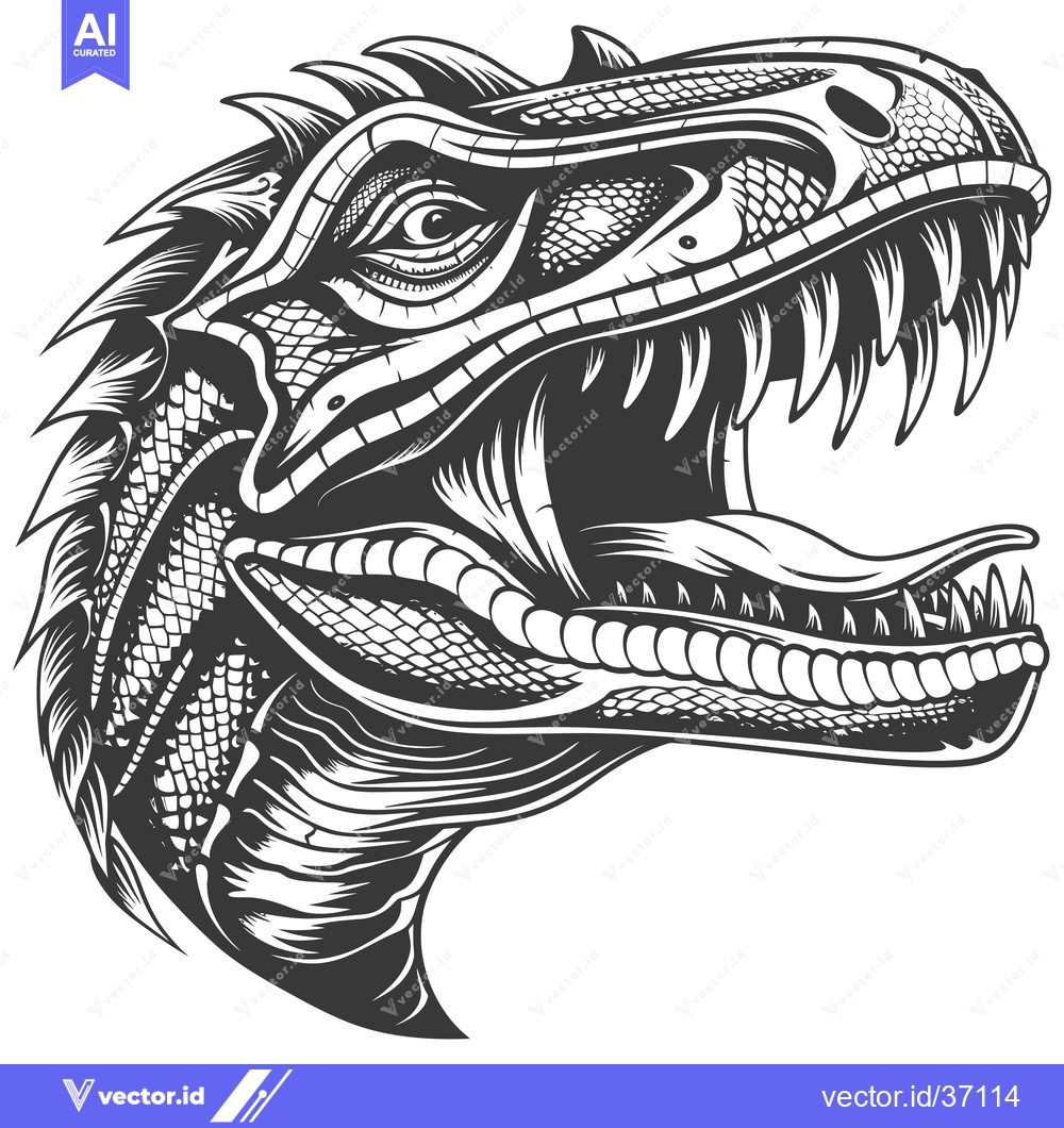 Premium Vector dari Detailed Black and White Illustration of a Dinosaur's Head with Open M