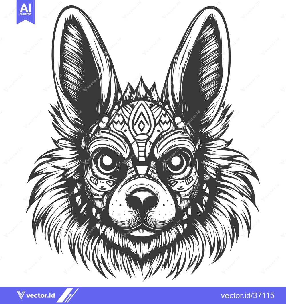 Premium Vector dari Detailed Black and White Illustration of a Dog's Face with Tribal-Insp