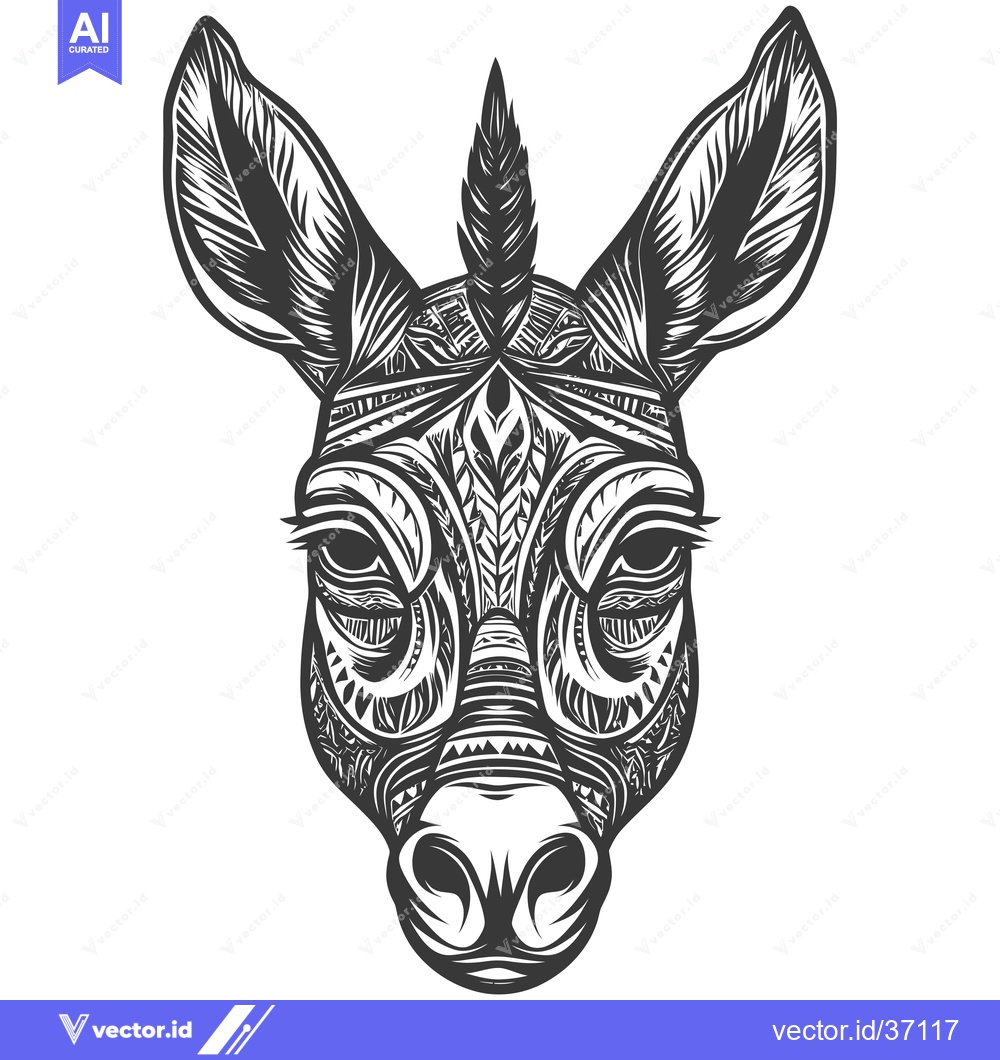 Premium Vector of Detailed black and white illustration of a donkey's head with intricat