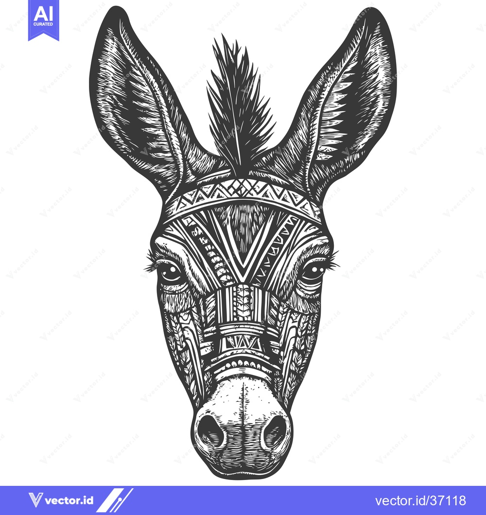 Premium Vector dari Detailed Black and White Illustration of a Donkey's Head with Tribal P