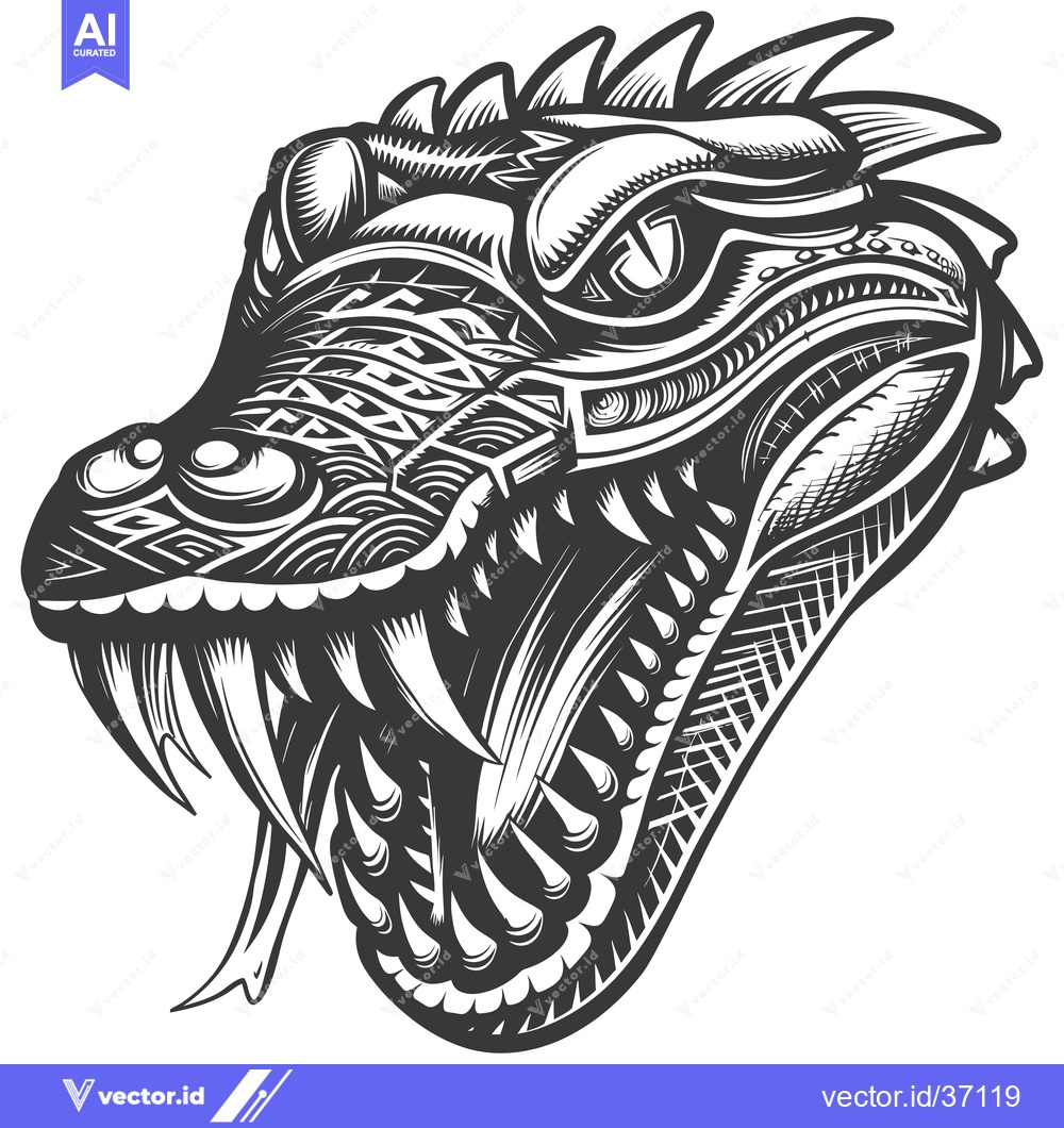 Premium Vector dari Detailed Black and White Illustration of a Dragon's Head