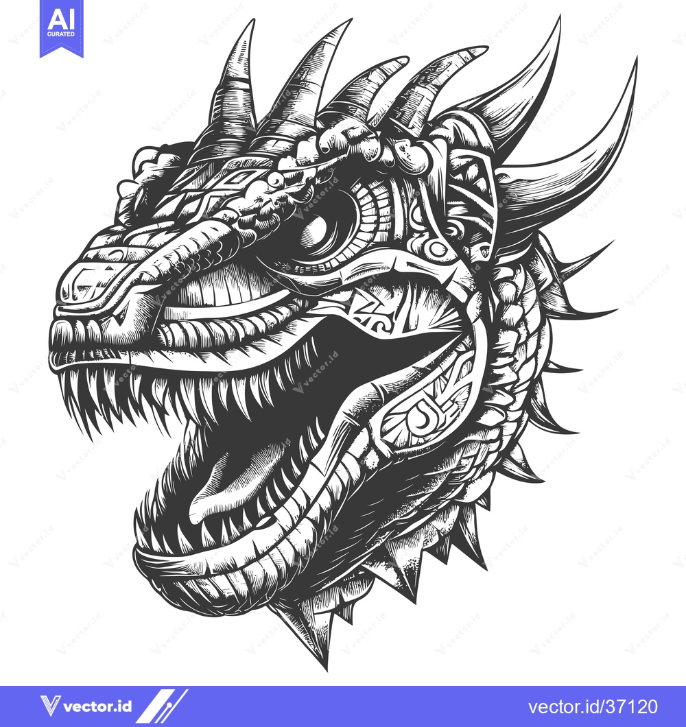 Premium Vector dari Detailed Black and White Illustration of a Dragon's Head