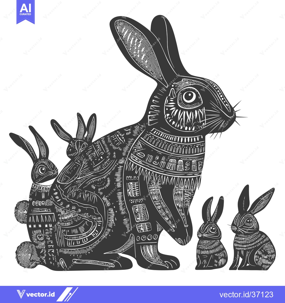 Premium Vector dari Detailed Black and White Illustration of a Family of Rabbits