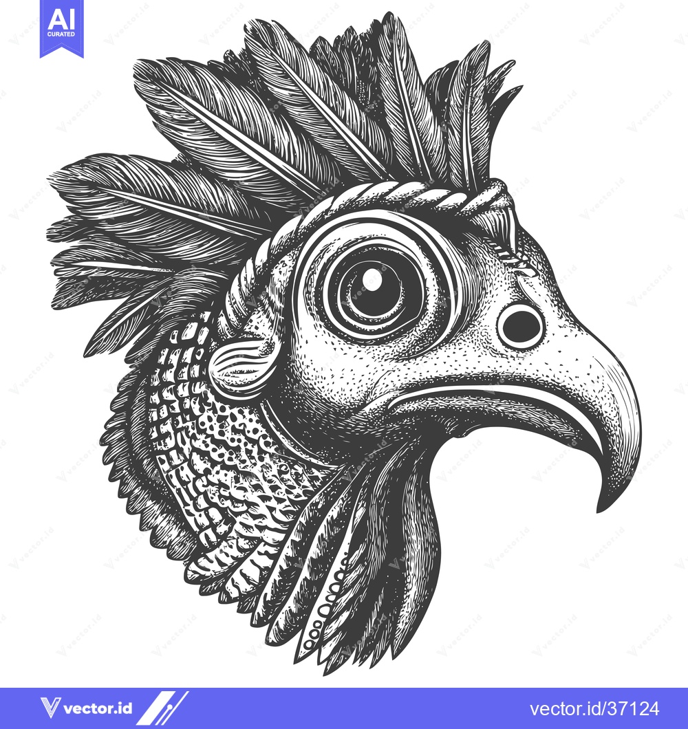 Premium Vector of Detailed Black and White Illustration of a Feathered Bird Head
